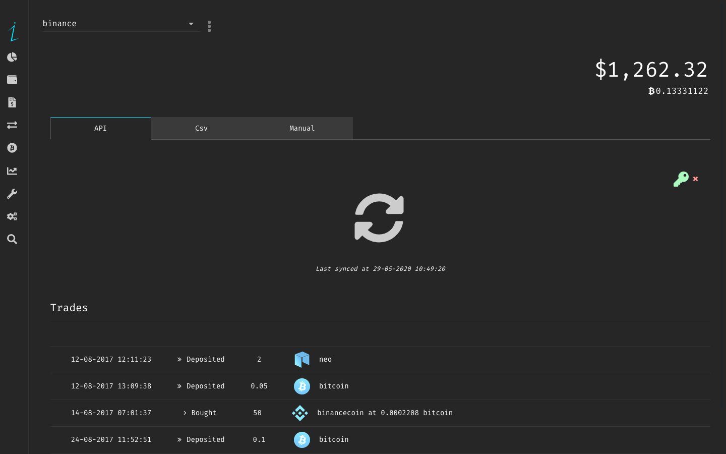 Automatic sync with exchanges and blockchain addresses.